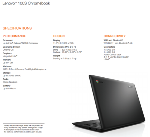 IFA 2015: Lenovo Chromebook 100s    $179