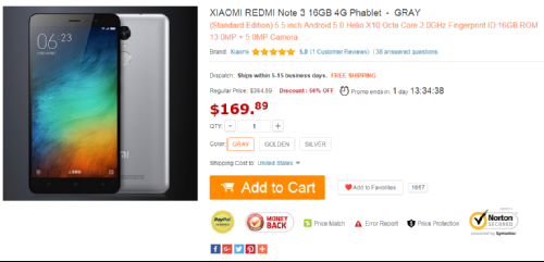    Xiaomi Redmi Note 3:   