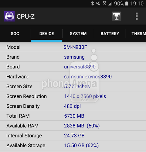 :  CPU-Z   Samsung Galaxy Note 6