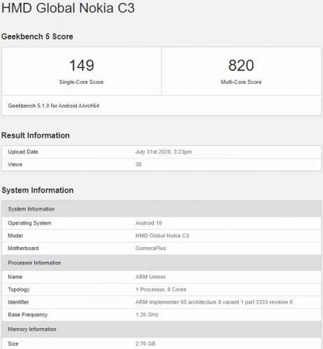 : Nokia C3   Unisoc   Geekbench