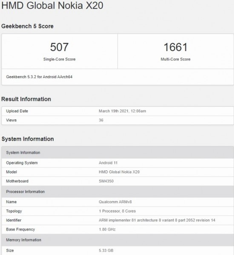 : Nokia X20  Snapdragon 480   Geekbench