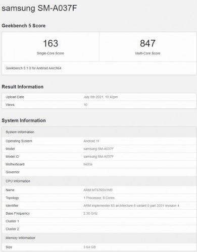 : Samsung Galaxy A03s   Geekbench