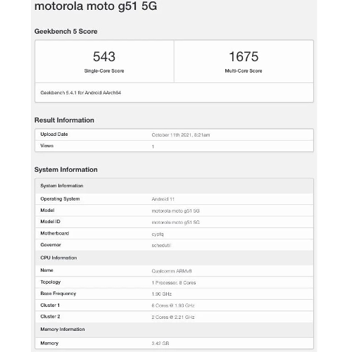 : Moto G51 5G    Qualcomm   Geekbench