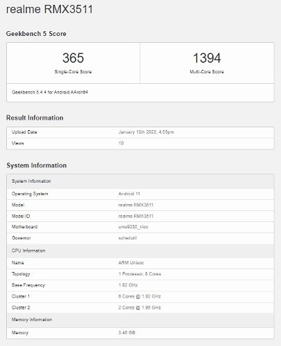 Слухи: Realme C35 (RMX3511) с чипсетом UNISOC и 4 Гб ОЗУ замечен в Geekbench