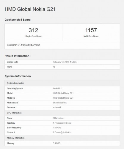 : Nokia G21   Geekbench