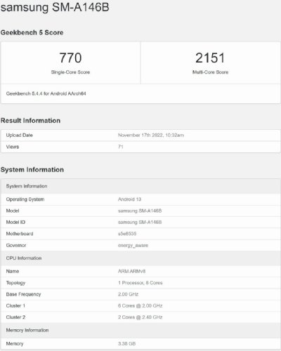 : Samsung Galaxy A14 5G  Dimensity 700   Geekbench