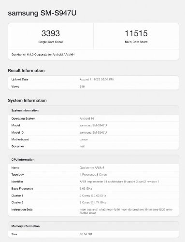 : Samsung Galaxy S26 Edge   Snapdragon 8 Elite 2    Geekbench